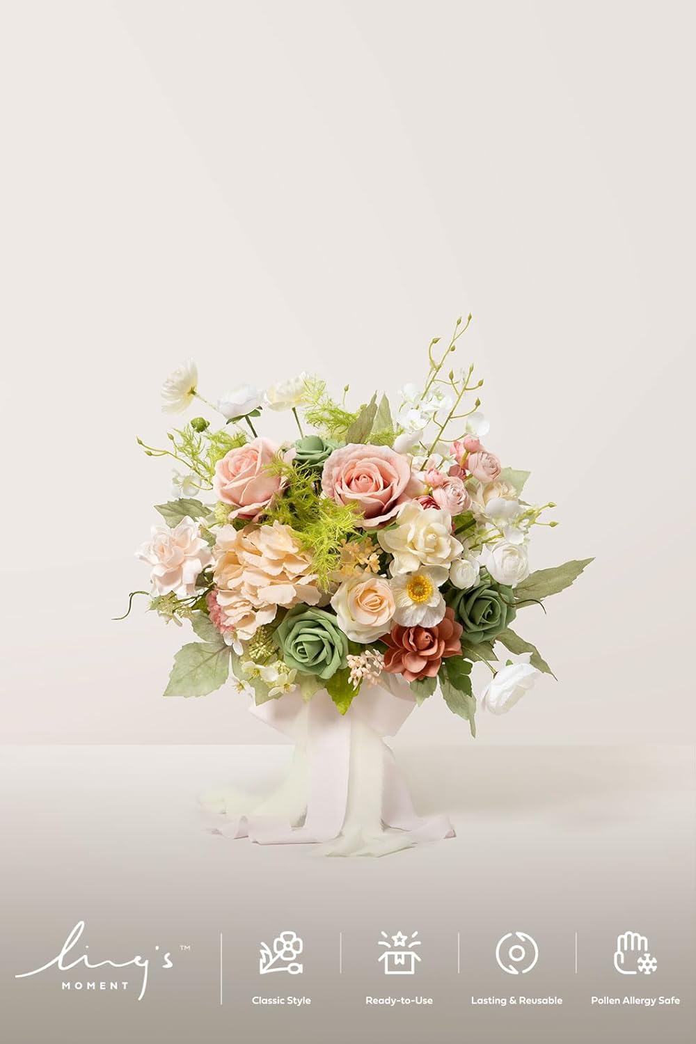 Ling's moment Coral Pink Wedding Bouquets for Bride, Blush Garden Bridal Bouquets for Bride, 13 Inch Free Form Artificial Wedding Flower Bouquet