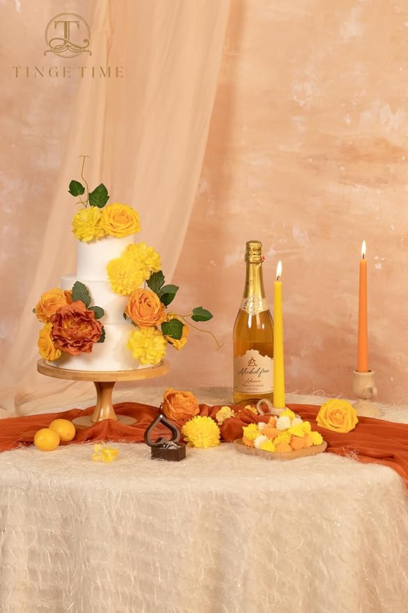 TINGE TIME Artificial Flowers Combo Set, Gradient Color Flower Leaf with Stems for DIY Wedding Bouquets Centerpieces Baby Shower Party Home Decorations(Yellow & Tangerine Orange)