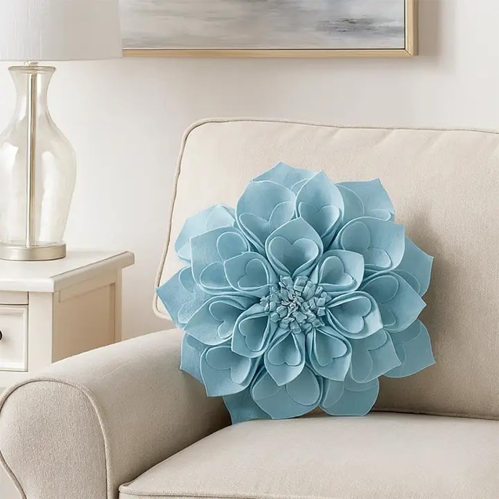 Fennco Styles Handmade 3D Heart-Shaped Petals Flower Decorative Throw Pillow Cover Only - 13" Round Aqua Floral Pillow Case for Couch, Home Décor and Holiday, Housewarming Gift