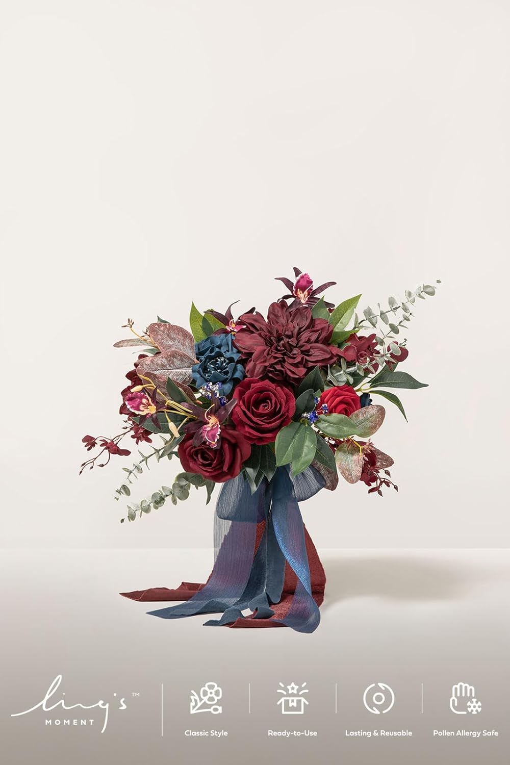 Ling's moment Burgundy Navy Blue Wedding Bouquets for Bride, Jewel Tone Bridal Bouquets for Bride, 13 Inch Free Form Artificial Wedding Flower Bouquet