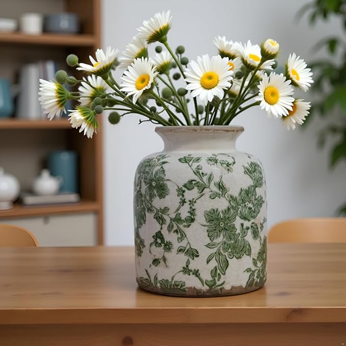 Vintage Ceramic Vase with Green Floral Pattern, White and Green, Crackle Glazed Finish, Decorative Garden Design (Medium - Vintage Round Floral Vase)
