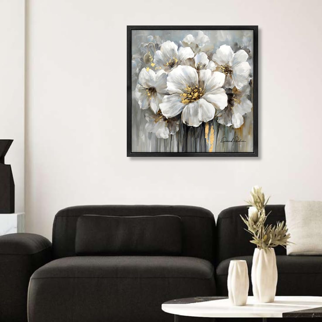Living Room Flowers Wall Art White and Gray Floral Pictures with Gold on Canvas for Home Decor Framed 30" x 30", Solid Wood Framed