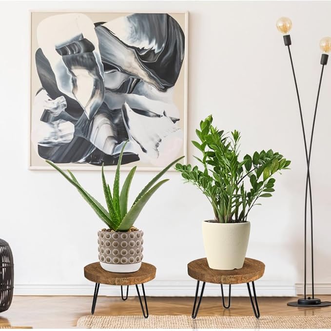 Plant Stand Indoor Outdoor, Wooden plant Stool, Mid Century Plant Stand for Indoor Plants, Wood Modern Plant Holder Rattan Flower, Low Short Boho Rustic Planter Stand Fit 5-15 Inch Pot(S,M,L) 3Pack