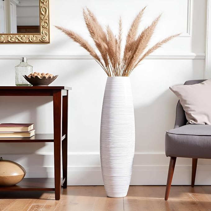 Tall Floor Vase, 27.5 inches (70cm, 2.3FT) Floor Vase Sturdy and Luxurious,Tall Vases for Country Home Decor, Living Room, Resin White Vases