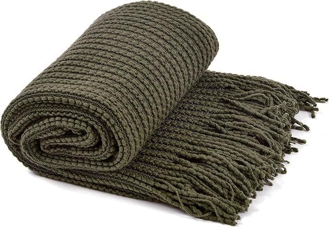 Blagic Knitted Throw Blanket for Couch Soft Farmhouse Boho Throw Blanket with Tassels Home Decorative Lightweight Olive Green Throws for Bed/Sofa, Wheat Textured, 60" W x 80" L