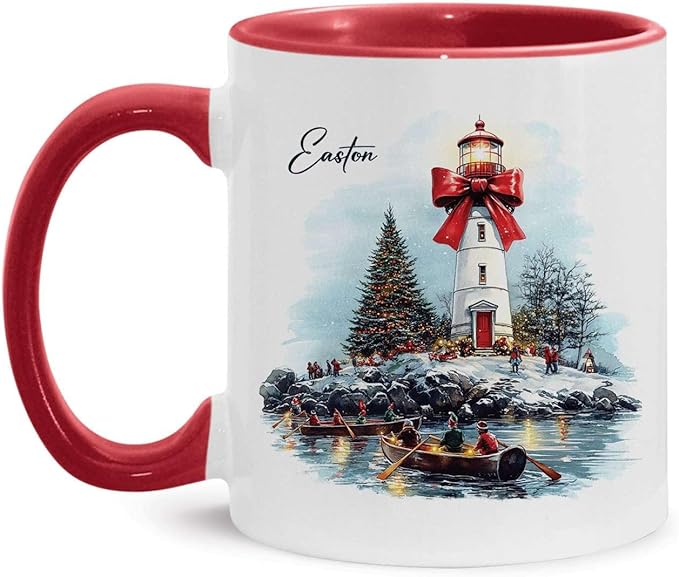 Unique Rowing Festival Cup, Custom Name Holiday Mug, Personalized Christmas Coffee Cup, Gift For Winter Lovers, Customized Christmas Accent Mug, Lighthouse And Bow Ceramic Cup 11oz 15oz