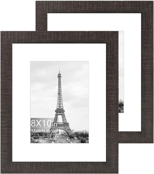 iRahmen 8x10 Picture Frame Set of 2 with HD Glass, Display Pictures 5x7 with Mat or 8 x 10 Without Mat, Rustic Style Wood Photo Frame for Tabletop Display or Wall Mount
