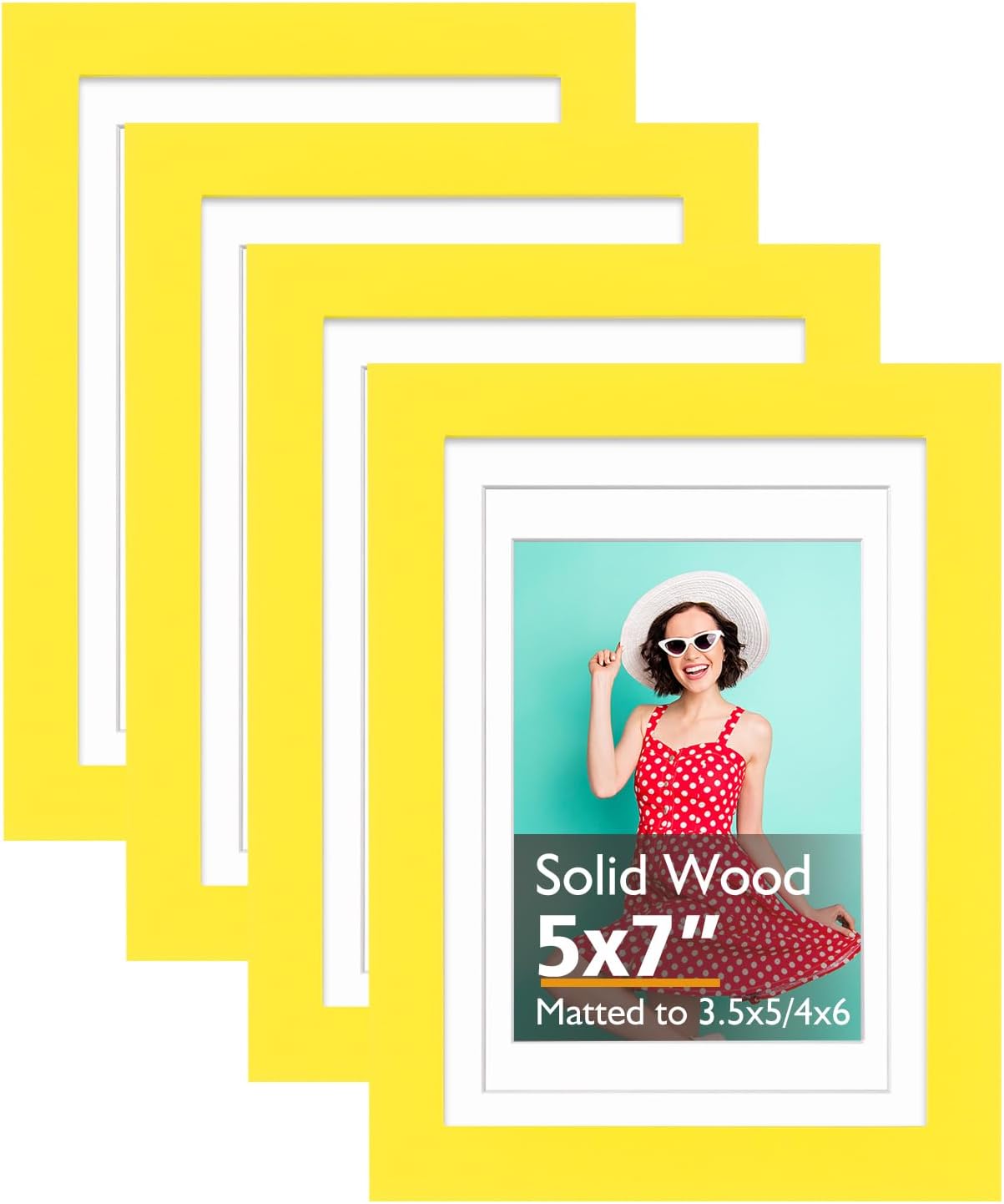 KINLINK 5x7 Picture Frame Yellow, Solid Wood Frames with Acrylic Plexiglass for 3.5x5/4x6 with Mat or 5x7 without Mat, Tabletop and Wall Display Photo Frame, Set of 4