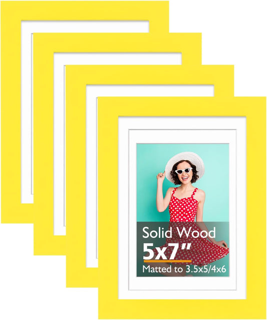 KINLINK 5x7 Picture Frame Yellow, Solid Wood Frames with Acrylic Plexiglass for 3.5x5/4x6 with Mat or 5x7 without Mat, Tabletop and Wall Display Photo Frame, Set of 4