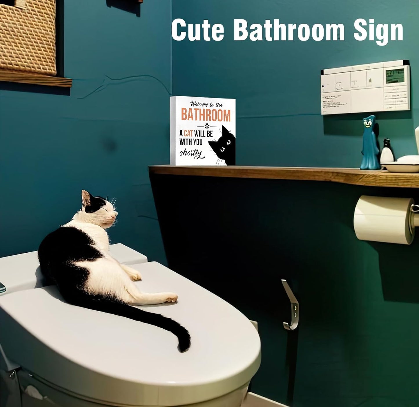 Funny Bathroom Black Cat Wall Desk Decor Wood Sign, Cute Cat Bathroom Decor Welcome Sign for Home Bath Rest Room Toilet, Gifts for Women Cats Lover, 5x5 inch