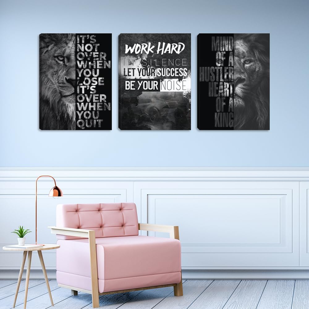 Large Motivational Canvas Wall Art 3 Pieces Lion Poster Inspirational Positive Wall Art Quotes Success Canvas Picture Print Artwork Framed for Home Office Room Gym Workplace Wall Decor (72''Wx 36''H)