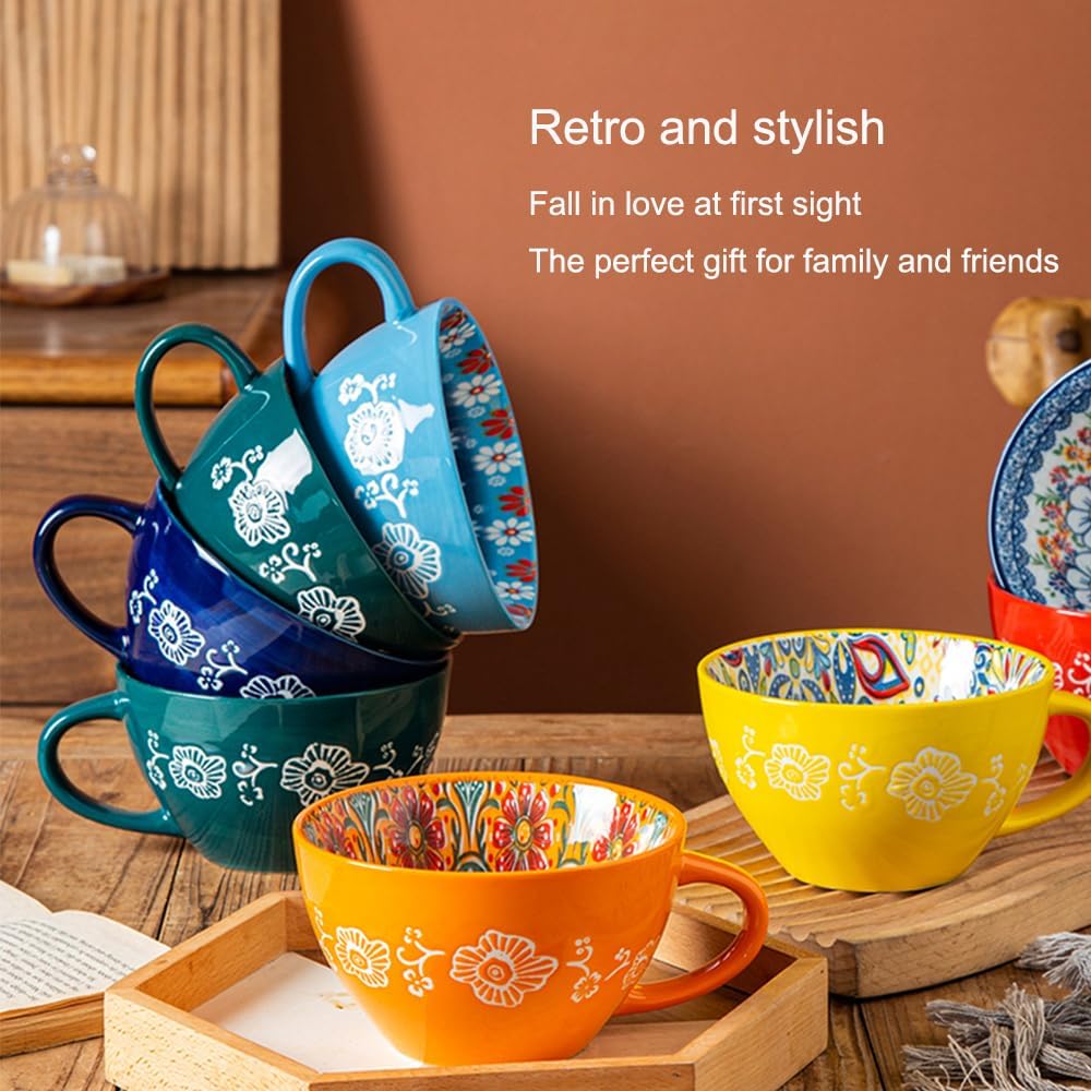 Bohemian Hand-Painted Ceramic Mug, 15 Oz Large Coffee Cup for Milk, Tea, and Breakfast, Dishwasher & Microwave Safe Artisan Cup, Baby Blue