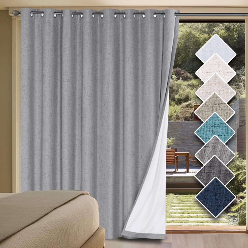 H.VERSAILTEX Linen Blackout Curtains Durable Thick Textured Linen Look 100% Blackout Patio Door Curtain Anti Rust Grommet Extra Wide Sliding Door Curtain Panel, W100 x L108 inch - Dove Gray