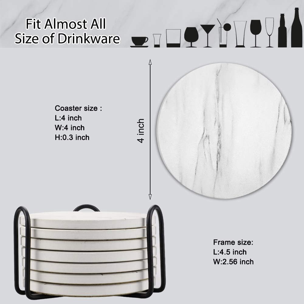 EAGMAK Set of 8 Coasters for Drinks, Absorbent Marble Style Ceramic Drink Coaster with Holder for Coffee Wooden Table Home Decor (White)