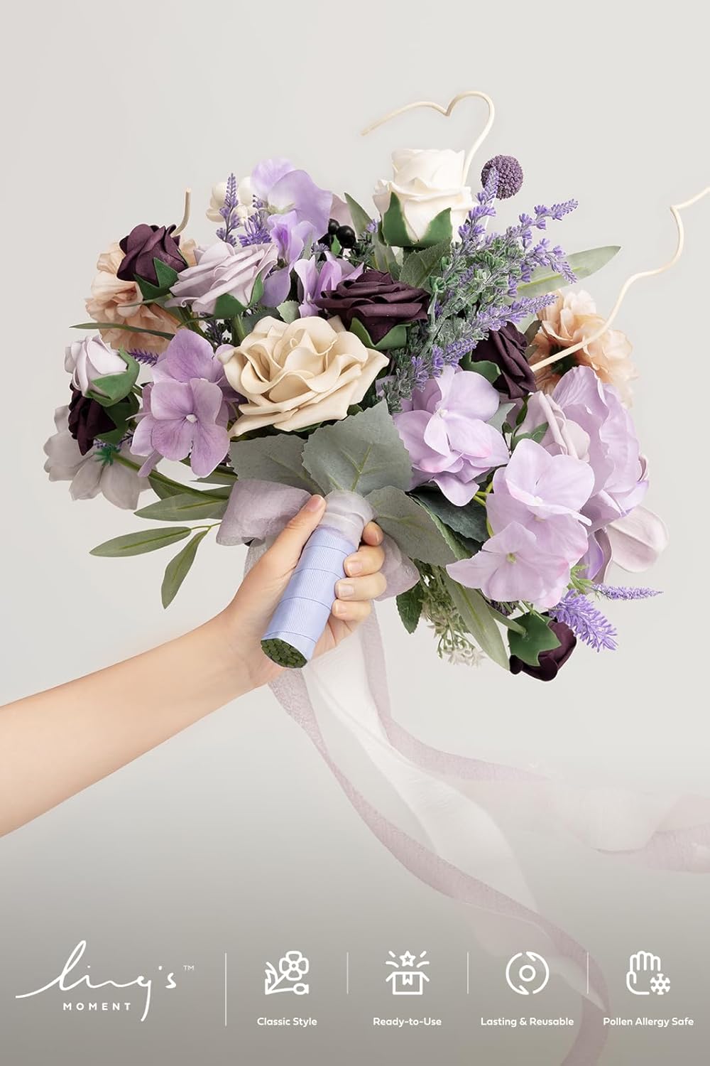 Ling's moment Purple Lavender Wedding Bouquets for Bride, Lilac Bridal Bouquets for Bride,15 Inch Free Form Artificial Wedding Flower Bouquet