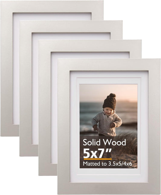 KINLINK 5x7 Picture Frame Light Grey, Solid Wood Frames with Acrylic Plexiglass for Pictures 4x6 with Mat or 5x7 without Mat,Tabletop and Wall Display Photo Frame Set of 4