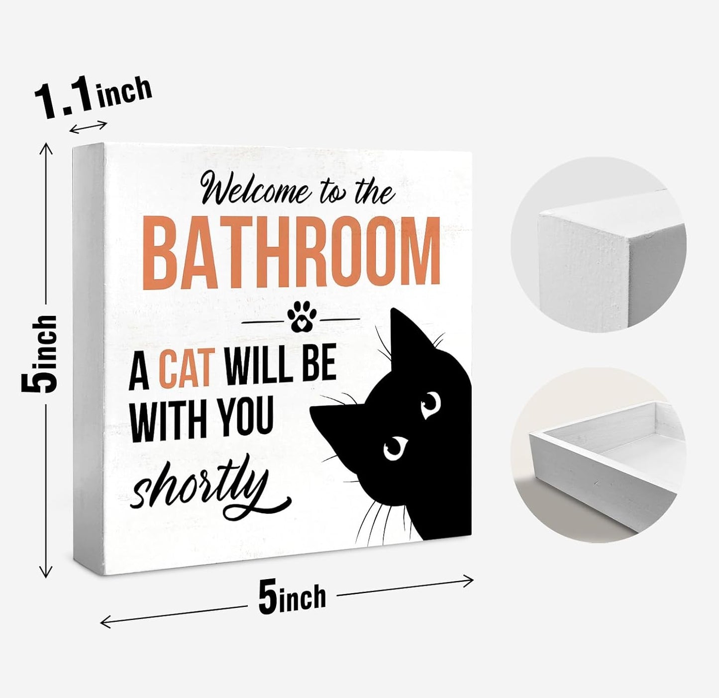 Funny Bathroom Black Cat Wall Desk Decor Wood Sign, Cute Cat Bathroom Decor Welcome Sign for Home Bath Rest Room Toilet, Gifts for Women Cats Lover, 5x5 inch