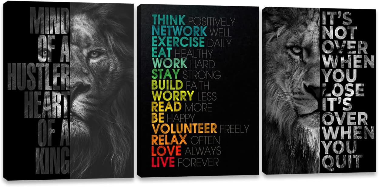 Lion Wall Art - Motivational Wall Art Decor, Framed Canvas Prints for Office Decor, Inspirational Quotes Posters for Men, Leadership & Strength Pictures for Home Office Bedroom Living Room, 20inch x28inch x3pcs