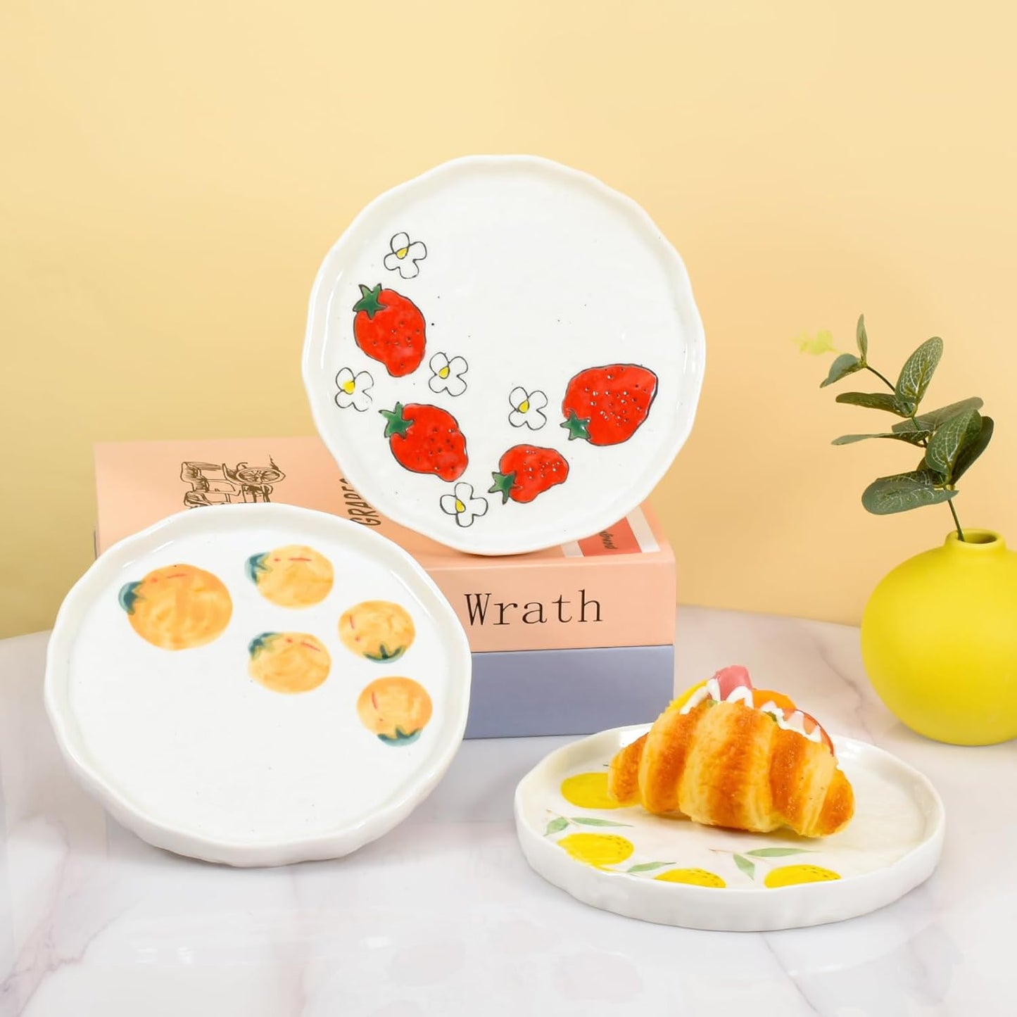 Koythin Ceramic Dinner Plate, Cute Fruits Creative Plates Design, Printed Flowers Dinnerware for Office and Home, Kitchen Plates for Dessert (Orange)