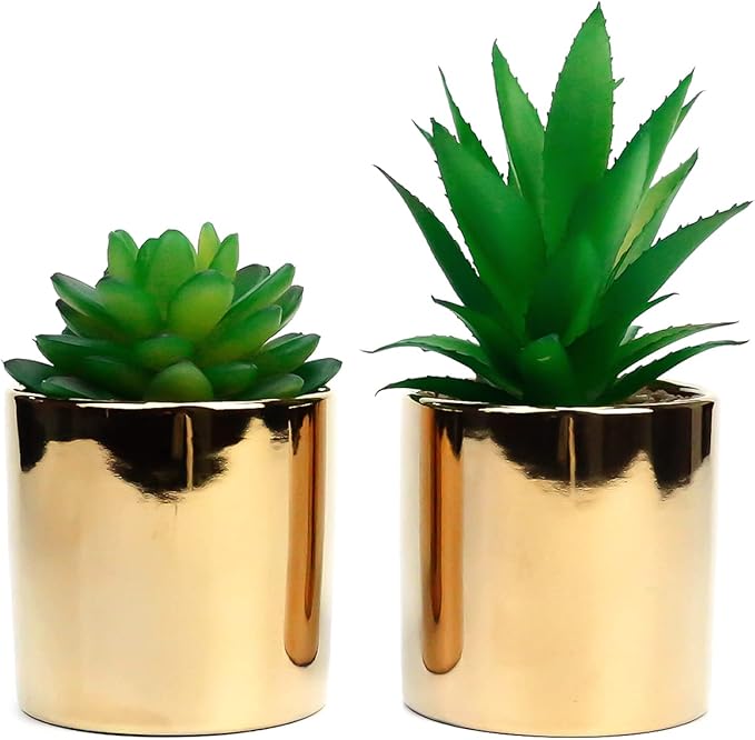 Faux Succulent Artificial Plants 7'' & 5'' in Pots Home Decoration Set of 2 Gold Pots