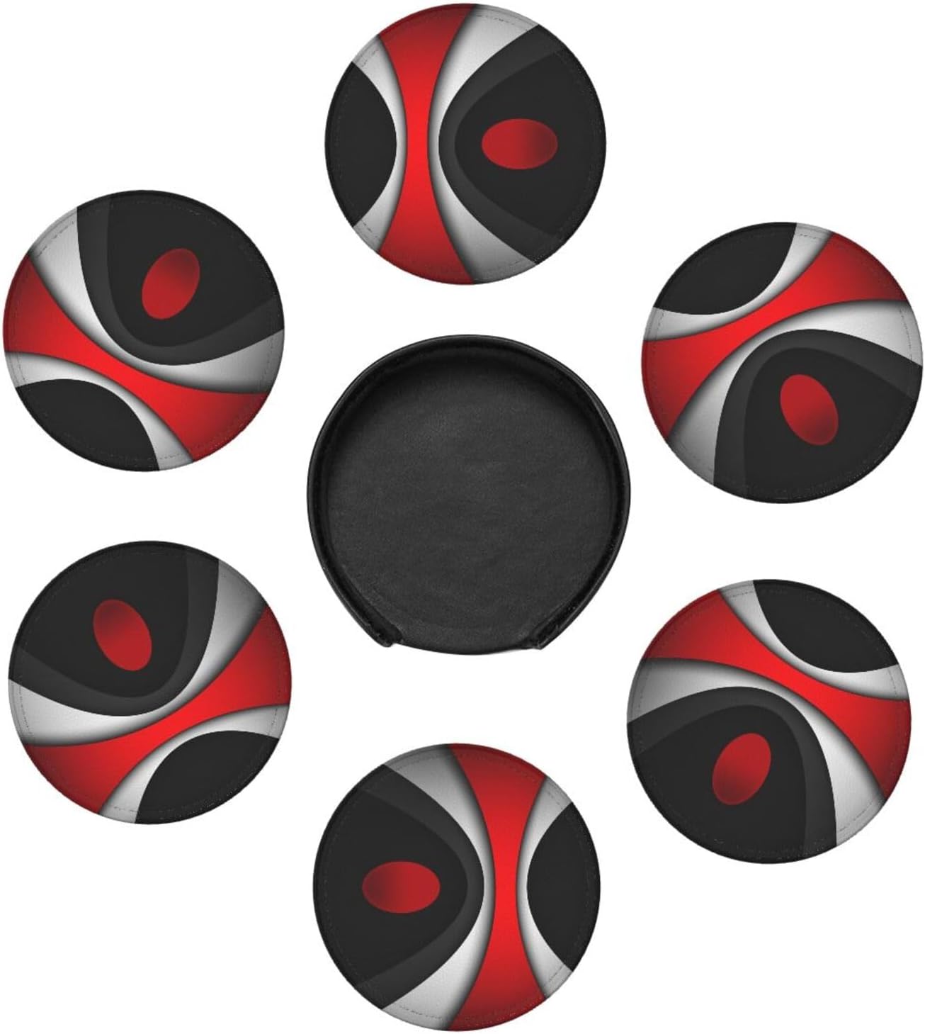 Black in Modern Abstract Red Leather Drinks Coasters with Holder, Set of 6, Suitable for Various Cups