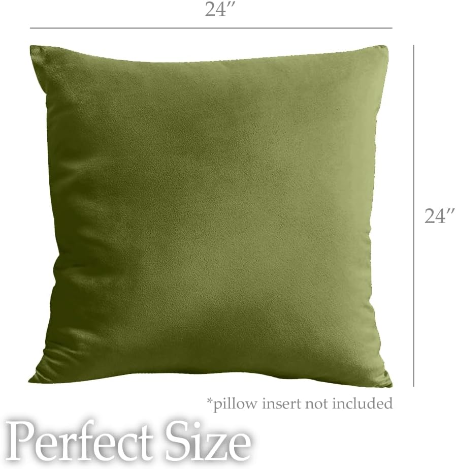 lalaLOOM Velvet Throw Pillow Covers, Set of 2, 24x24 Decorative Square Pillows Home Decor, Soft Accent Cases, Silky Machine Washable Pillowcases for Sofa, Couch, Bedroom, Living Room, Moss Green