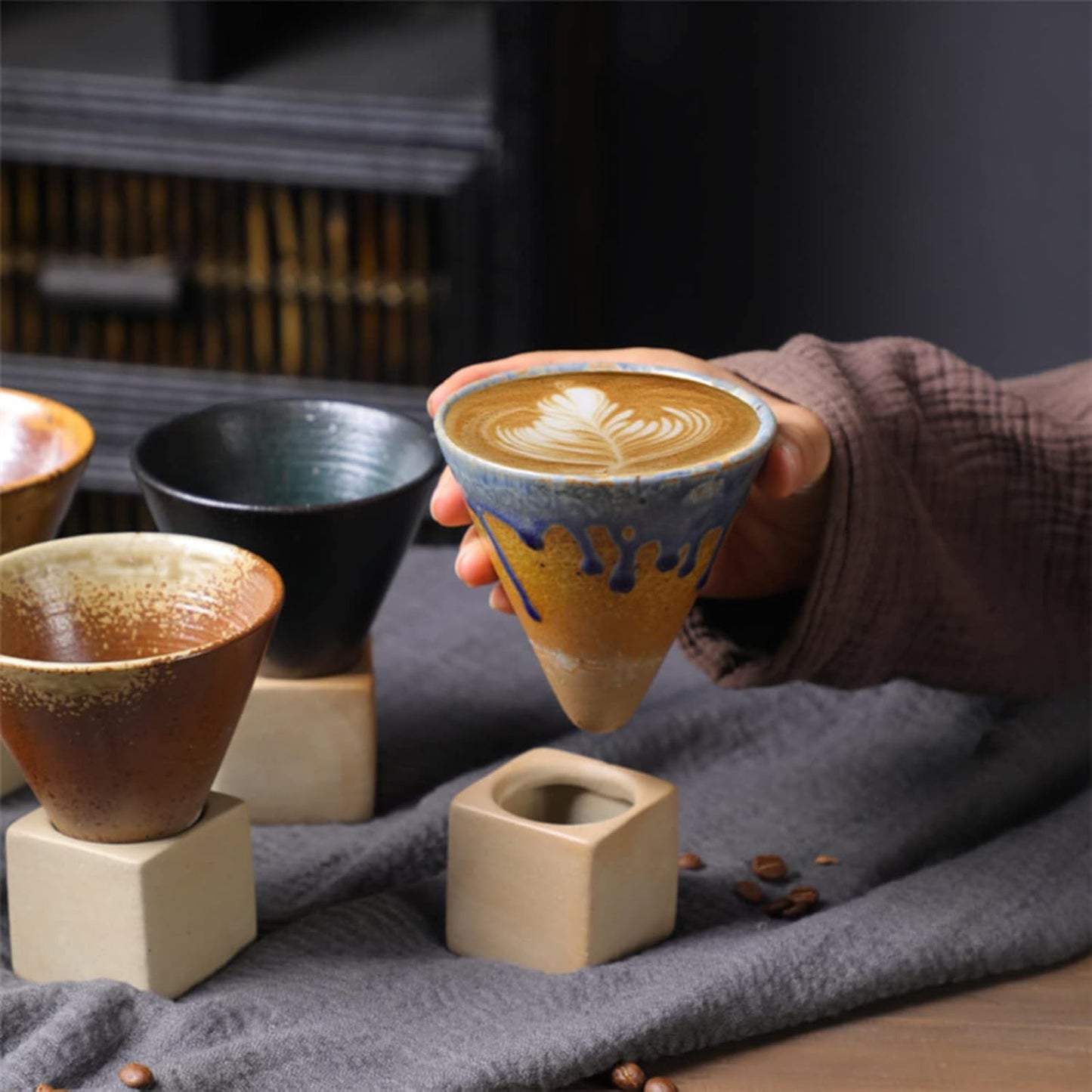Coarse Pottery Coffee Mugs, Japanese Style Ceramic Tea Cups Triangular Cone Shape Porcelain Retro Mug with Square Base Heat Resistant Funnel Mugs Espresso Latte for Home Picnic Office (Type 1)