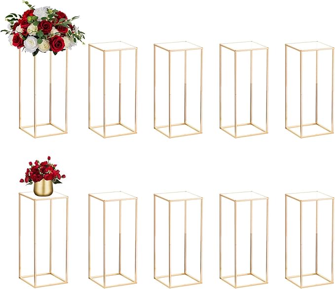 Nuptio Wedding Centerpieces Gold Vases: 10 Pcs 23⅝ inch Tall Flower Stand Metal Floor Vase Column Geometric Centerpiece Stands Rectangular Display Rack for Weddings Party Decoration