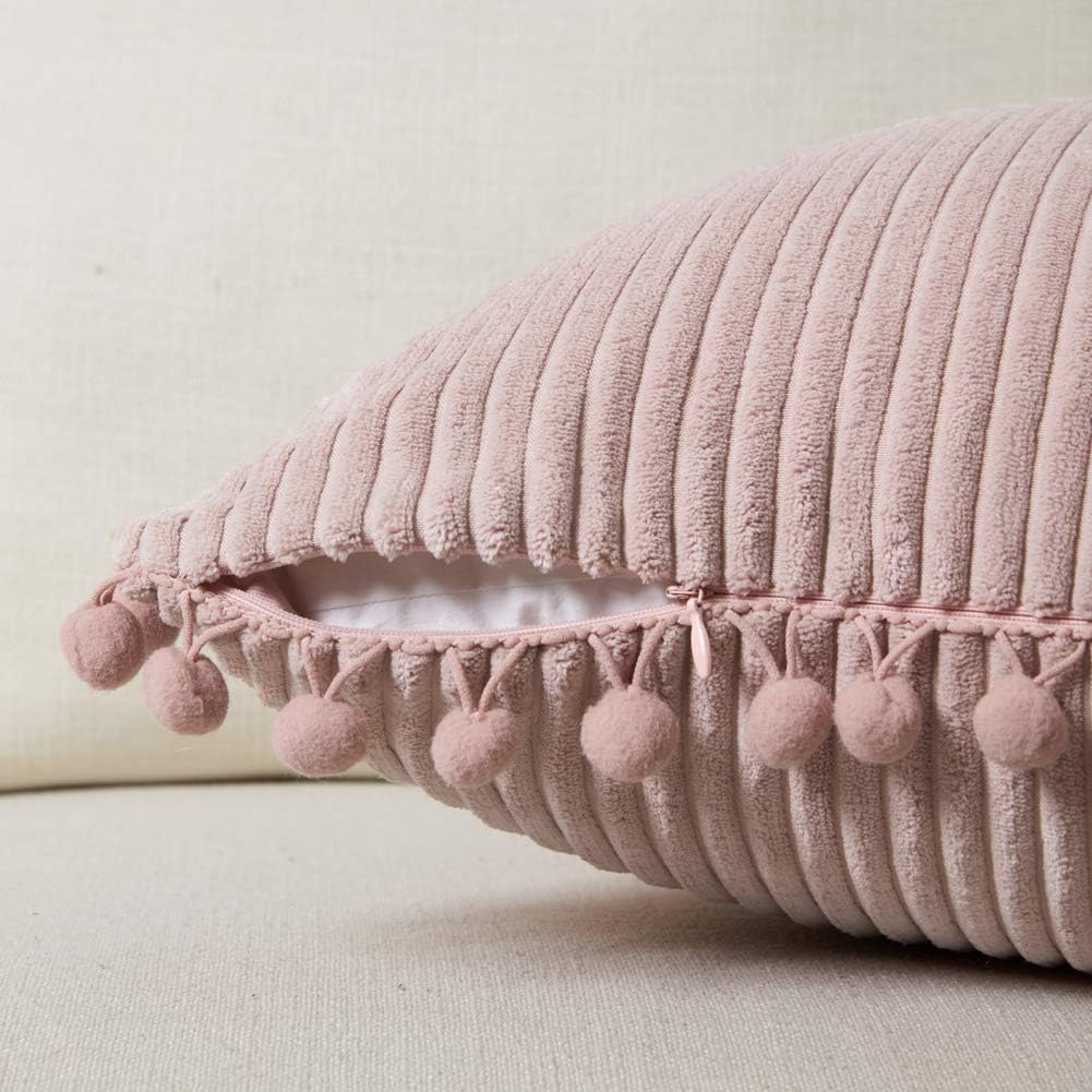 Fancy Homi 2 Pack Blush Pink Lumbar Decorative Throw Pillow Covers 12x24 Inch with Pom-poms for Couch Bedroom Sofa, Farmhouse Boho Home Decor, Soft Corduroy Solid Rectangle Cushion Case 30x60 cm
