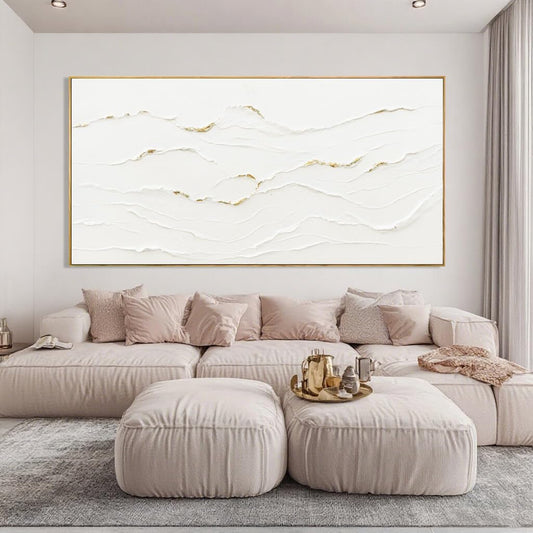 Large Wavy Line White Abstract Wall Art with Frame Minimalist Modern Hand drawn Painting Textured Poster for Living Room Dining Room Bedroom Decor 29"x58"