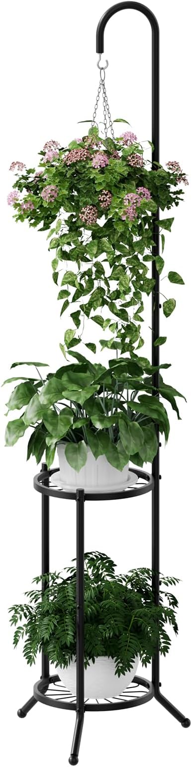 2-tier Hanging Plant Stand Indoor and Outdoor, Space-Saving Iron Plant Shelf, 3 Potted Flower Pot Stand ,Planter Holder for Bedroom Balcony Living Room Patio Garden(Hook Style)