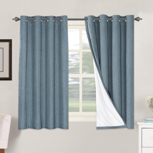 H.VERSAILTEX Linen Blackout Curtains 54 Inches Long 100% Blackout Thermal Insulated Textured Linen Look Curtain Draperies Anti-Rust Grommet, Energy Saving with White Liner, 2 Panels, Stone Blue