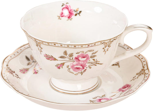 fanquare 7.4oz Floral Porcelain Tea Cup and Saucer Set, Light Pink Coffee Cup with Gold Trim, Vintage British Tea Cup