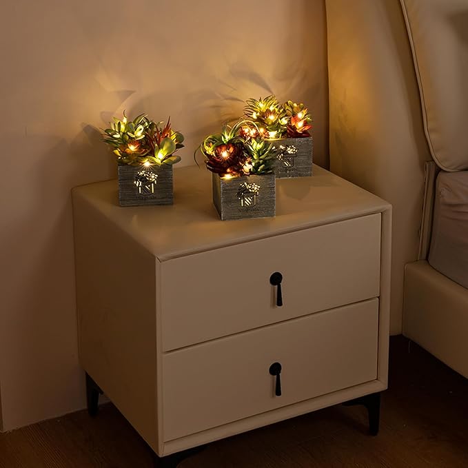 Mingfuxin Succulents Plants Artificial with Light, Small Fake Plants in Pots for Home Decor, Potted Decorative Succulents Plants for Table Desk Bathroom Office Room Decor