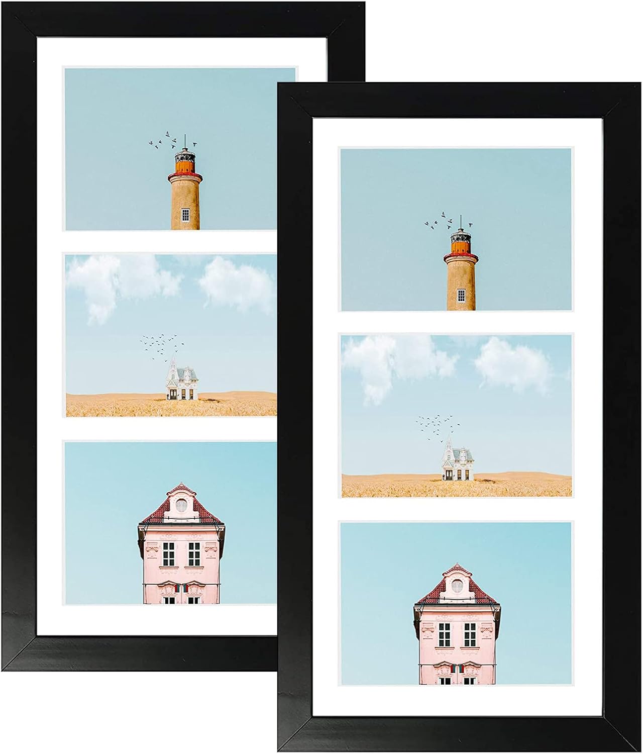 Golden State Art, Set of 2, 7x14 Black Photo Wood Collage Frame with Mat Displays (3) 4"x6" Pictures