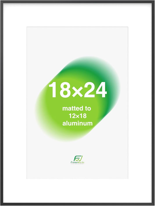 FrameWorks 18x24 Matted to 12x18 Picture Frame – Aluminum Frame w/Tempered Glass, Removable Mat for Photos, Posters, Art, Stylish Wall Frame for Home Decor, Gallery Walls, Office, Living Room - Black