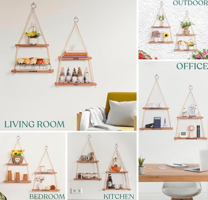 Hanging Shelves for Wall - Boho Room Decor Aesthetic - Hanging Plant Shelf Decor - Floating Shelves for Room Wall - Rope Shelves for Bedroom Aesthetic, Boho Decor Wall Hanging Shelves for Living Room