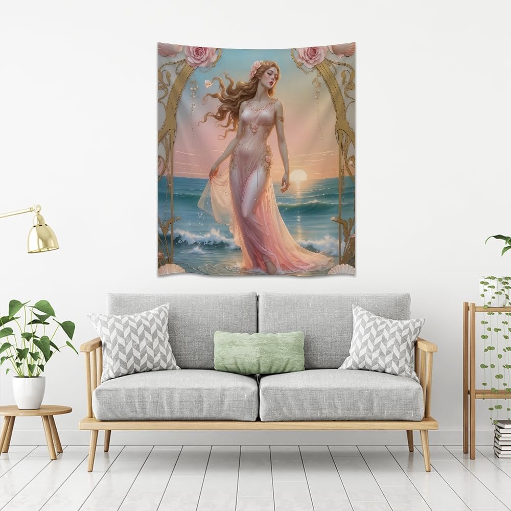 Medpol Elegant Vintage Goddess Tapestry Pink Coastal Woman Wall Hanging, Shell Rose Sunset Ocean Decor Cool Girls Dorm Room Tapestry for Bedroom Living Room Aesthetic 30x40inch