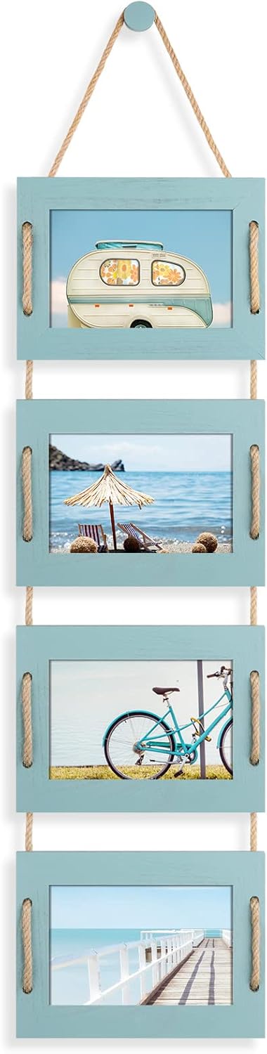 DLQuarts 4x6 Hanging Collage Picture Frames Wall Decor, 4-Opening 4x6 Photo without Mat Rustic Wood Frame with Hemp Rope, 1 Pack, Ocean Blue