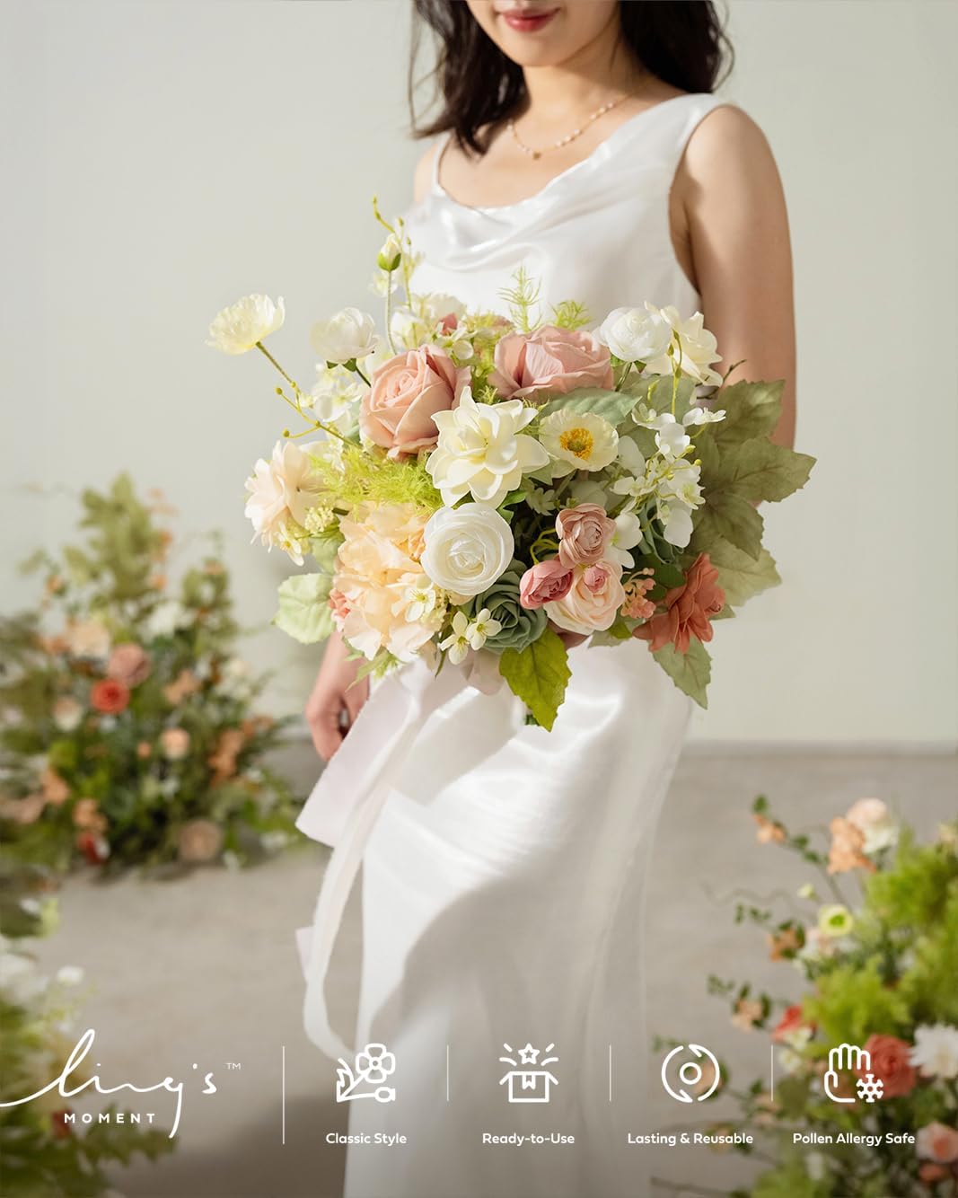 Ling's moment Coral Pink Wedding Bouquets for Bride, Blush Garden Bridal Bouquets for Bride, 13 Inch Free Form Artificial Wedding Flower Bouquet