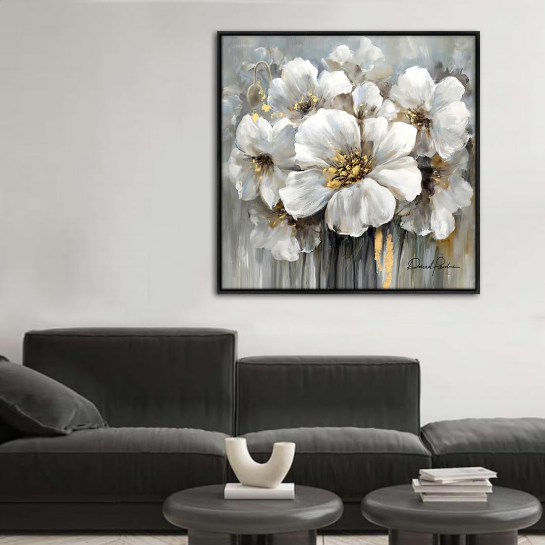 Living Room Flowers Wall Art White and Gray Floral Pictures with Gold on Canvas for Home Decor Framed 36" x 36", Solid Wood Framed