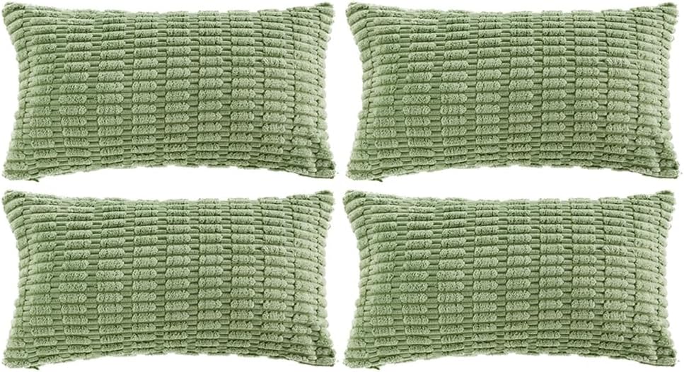 Fancy Homi 4 Packs Sage Green Decorative Throw Pillow Covers 16x24 Inch for Living Room Couch Bed Sofa, Rustic Farmhouse Boho Home Decor Soft Plush Striped Corduroy Square Cushion Case 40x60 cm