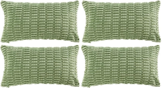 Fancy Homi 4 Packs Sage Green Decorative Throw Pillow Covers 16x24 Inch for Living Room Couch Bed Sofa, Rustic Farmhouse Boho Home Decor Soft Plush Striped Corduroy Square Cushion Case 40x60 cm