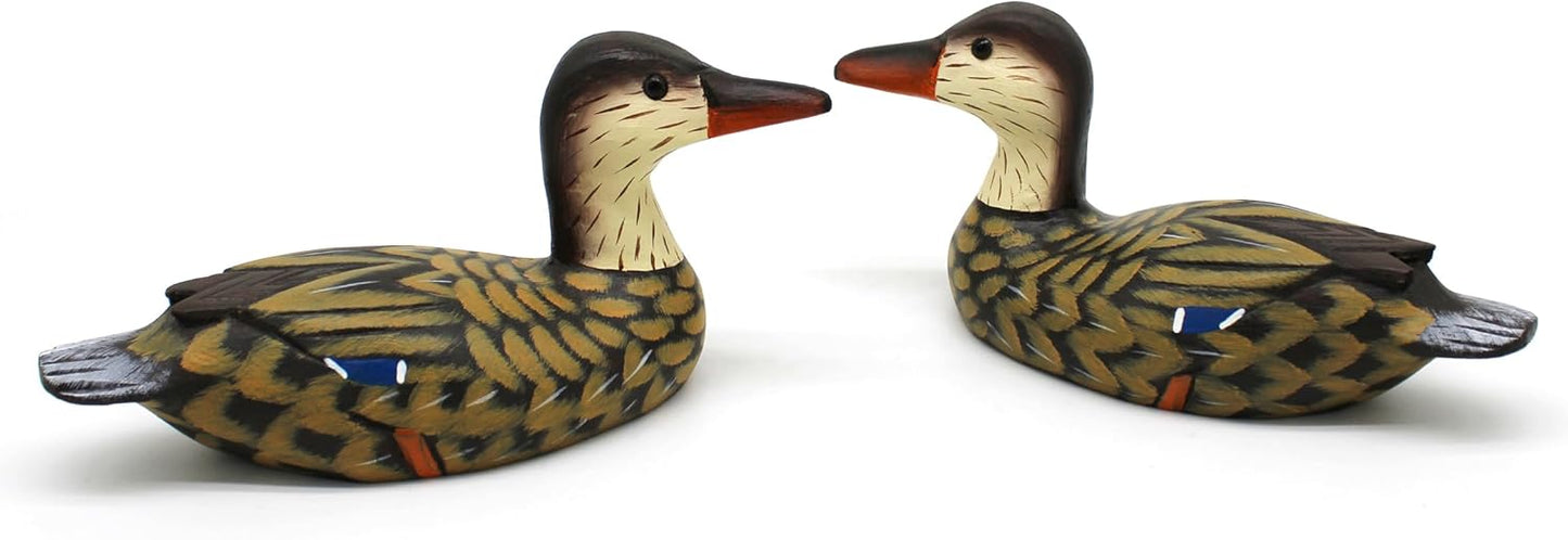 CVHOMEDECO. Primitives Hand Engraving and Painted Wood Ducks Decor Rustic Figurines Mallards Decorative Accent, Set of 2, Brown