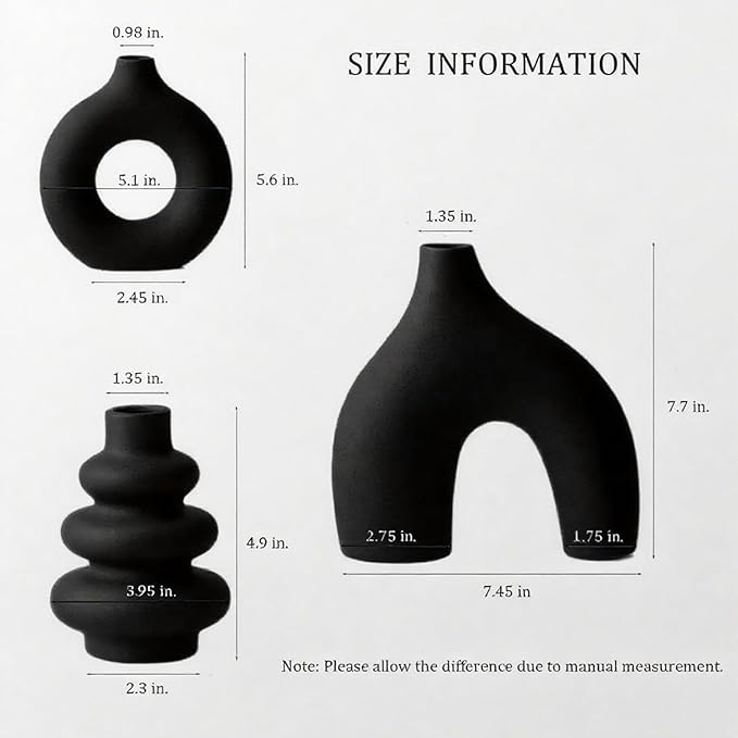 White Ceramic Vases Set of 3, Minimalist Nordic Modern Style, Round Donut Vase for Dried Flowers, Pampas Grass & Fresh Blooms,Boho Home Decor for Table Shelf Living Room Office (Black)