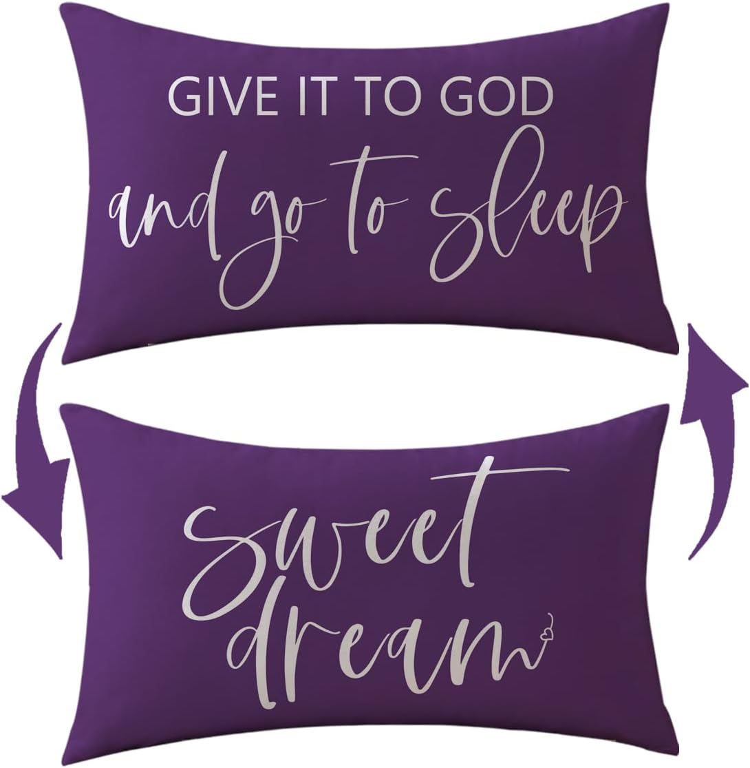 Bedding Decorative Pillowcases Reversible Give It to God and Go to Sleep Cushion Covers Sleep Themed Throw Pillow Covers 12''x20'' for Bedroom Guest Room Housewarming Gifts (Purple)