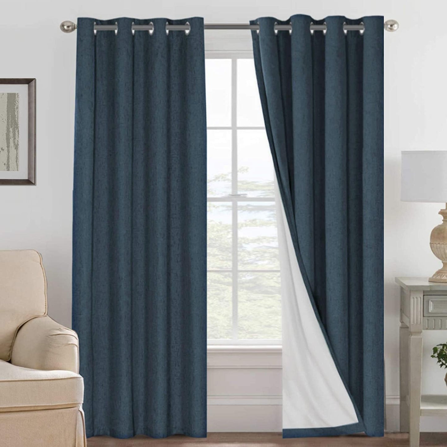 H.VERSAILTEX Linen Blackout Curtains 108 Inches Long 100% Absolutely Blackout Thermal Insulated Textured Linen Look Curtain Draperies Anti-Rust Grommet, Energy Saving with White Liner, 2 Panels, Navy