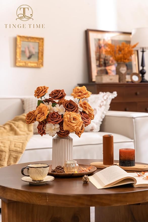 TINGE TIME Artificial Flowers Combo Set, Gradient Color Flower Leaf with Stems for DIY Wedding Bouquets Centerpieces Baby Shower Party Home Decorations(Orange and White)