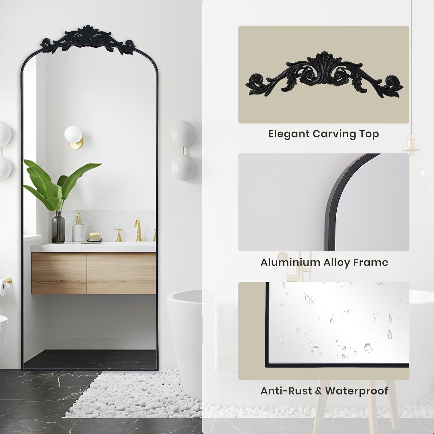 Filigree Floor Mirror 64"x21" Full Length Mirror Freestanding with Vintage Ornate Carved Applique Full Body Hanging Wall Mounted Mirror for Living Room Bedroom Retro Home Decor, Black