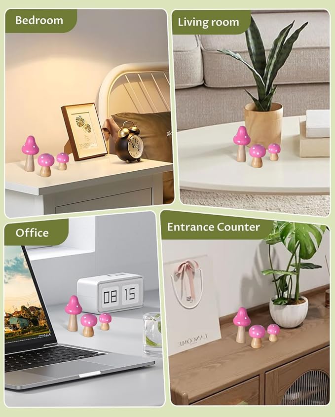 3Pcs Mushroom Decor Wooden Mini Figures Fairy Garden Accessories 2.9in 1.8in 1.2in Cute Miniature Mushrooms Home Decor for Bedroom Office Bonsai Fairy Garden Pink